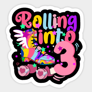 rolling into 3 - 3rd birthday girl roller skates theme party Sticker